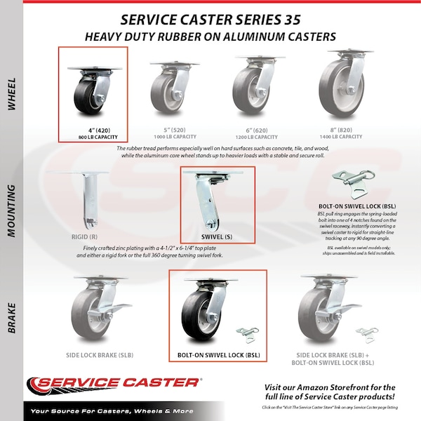 4 Inch Rubber On Aluminum Caster Set With Roller Bearing 4 Swivel Lock 2 Brake